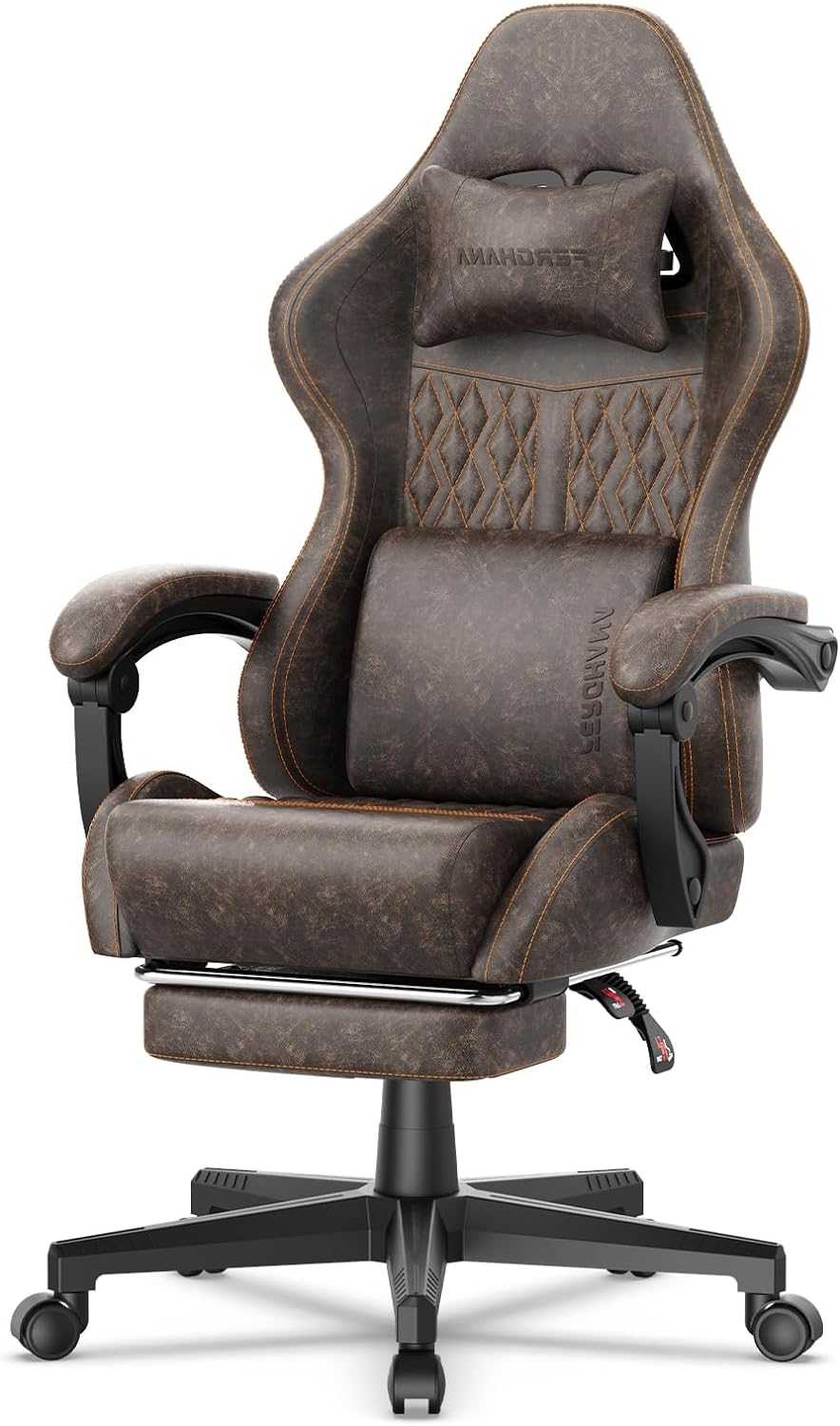 Ferghana Vintage PU Leather Gaming Chair, Ergonomic Gamer Chair with Massage, High Back Computer Office Chair with Footrest for Adults, Racing Style Reclining Video Game Chair (Brown)