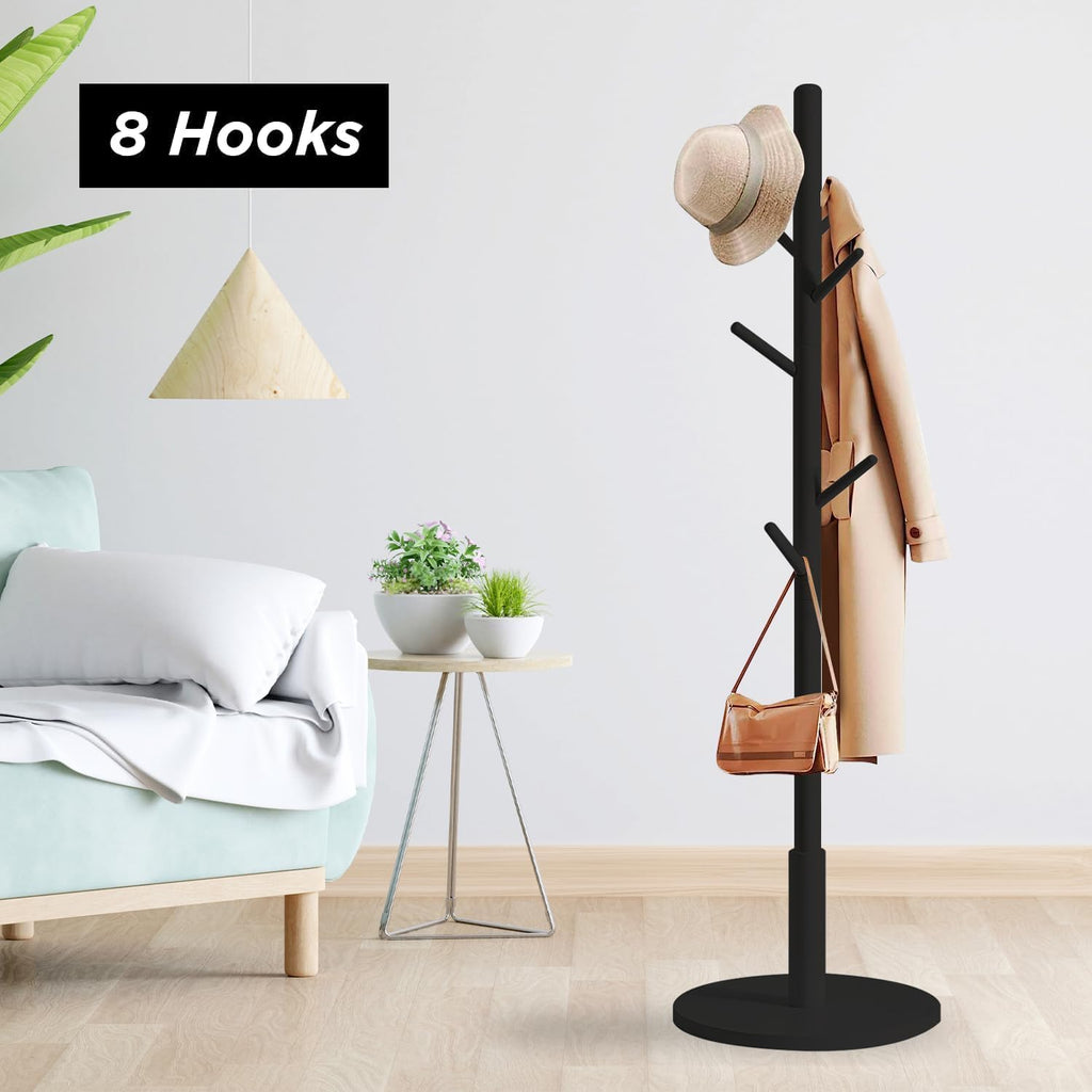 Coat Stand with Round Base, Freestanding Coat Rack with 8 Hooks, 172 x 38 x 38 cm, Wooden Hall Tree for Coats, Hats, Jackets, Bags & Umbrellas, Entryway, Hallway, Bedroom, Office (Black)