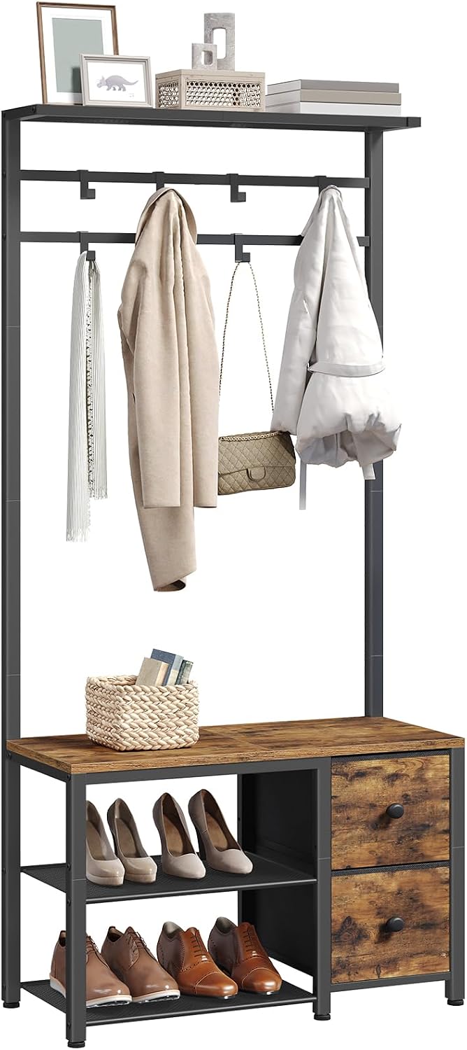 YATINEY 5-in-1 Hall Tree with Drawers, Entryway Bench with 8 Adjustable Coat Rack and Shoe Storage, Industrial Coat Rack with Bench for Entryway and Front Door, Rustic Brown and Black MT06BR