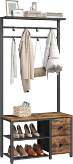 YATINEY 5-in-1 Hall Tree with Drawers, Entryway Bench with 8 Adjustable Coat Rack and Shoe Storage, Industrial Coat Rack with Bench for Entryway and Front Door, Rustic Brown and Black MT06BR