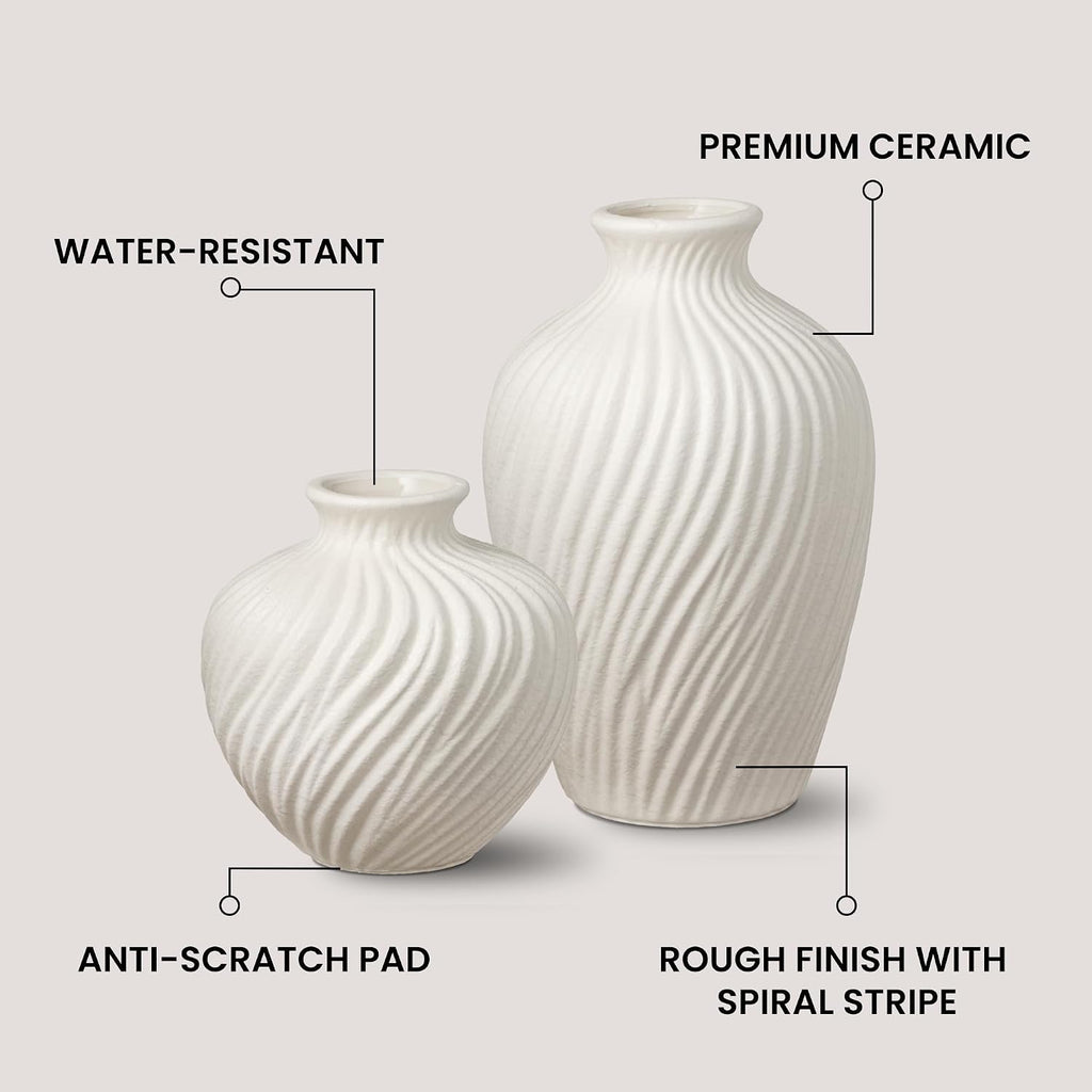 White Ceramic Vase Set of 2 - Modern Flower Vases for Home Decor - Rustic Textured White Vase for Living Room Decor - 8.65×5.5 & 5.5×5.5 Inch Round Vases for Dining Table Centerpiece Decoration