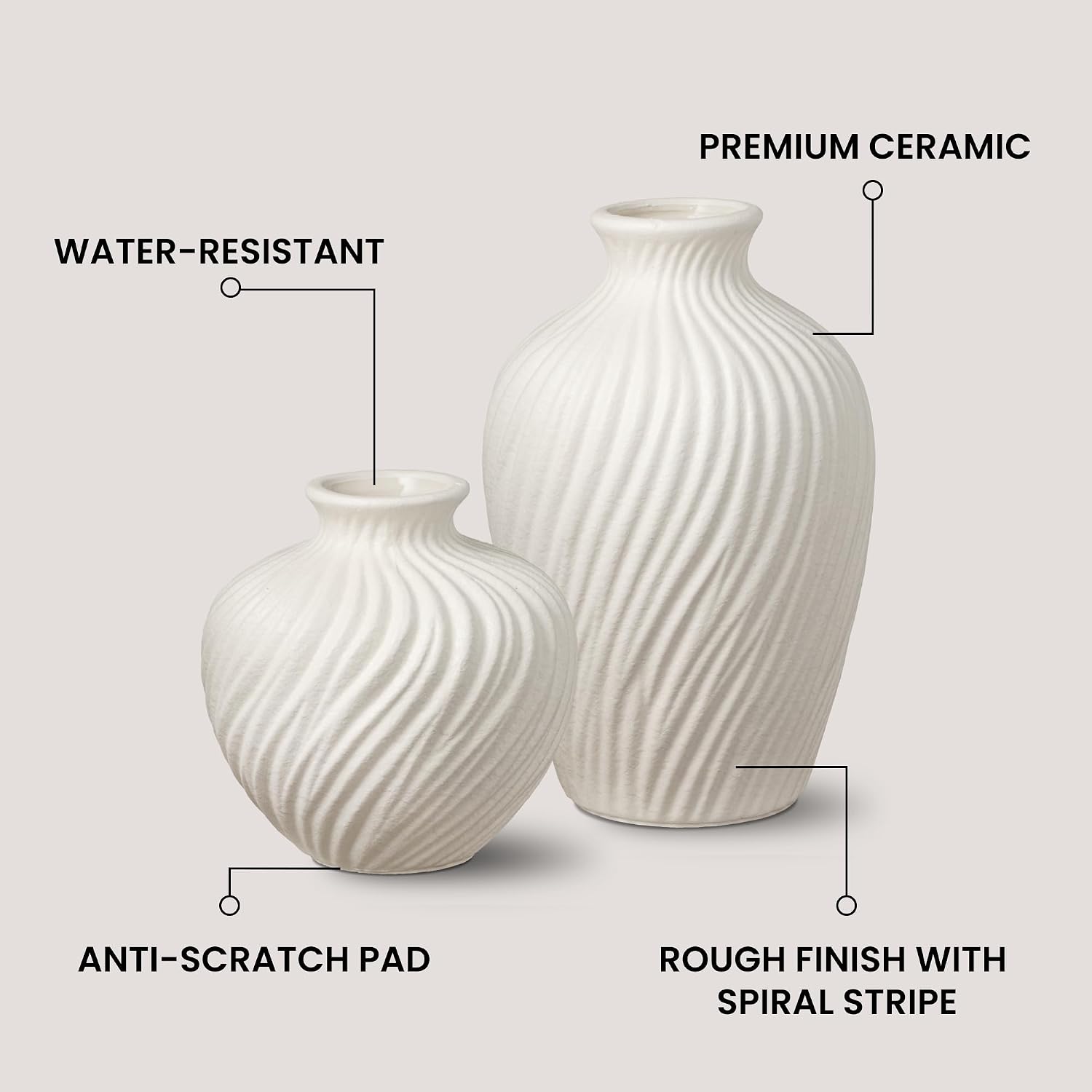 White Ceramic Vase Set of 2 - Modern Flower Vases for Home Decor - Rustic Textured White Vase for Living Room Decor - 8.65×5.5 & 5.5×5.5 Inch Round Vases for Dining Table Centerpiece Decoration