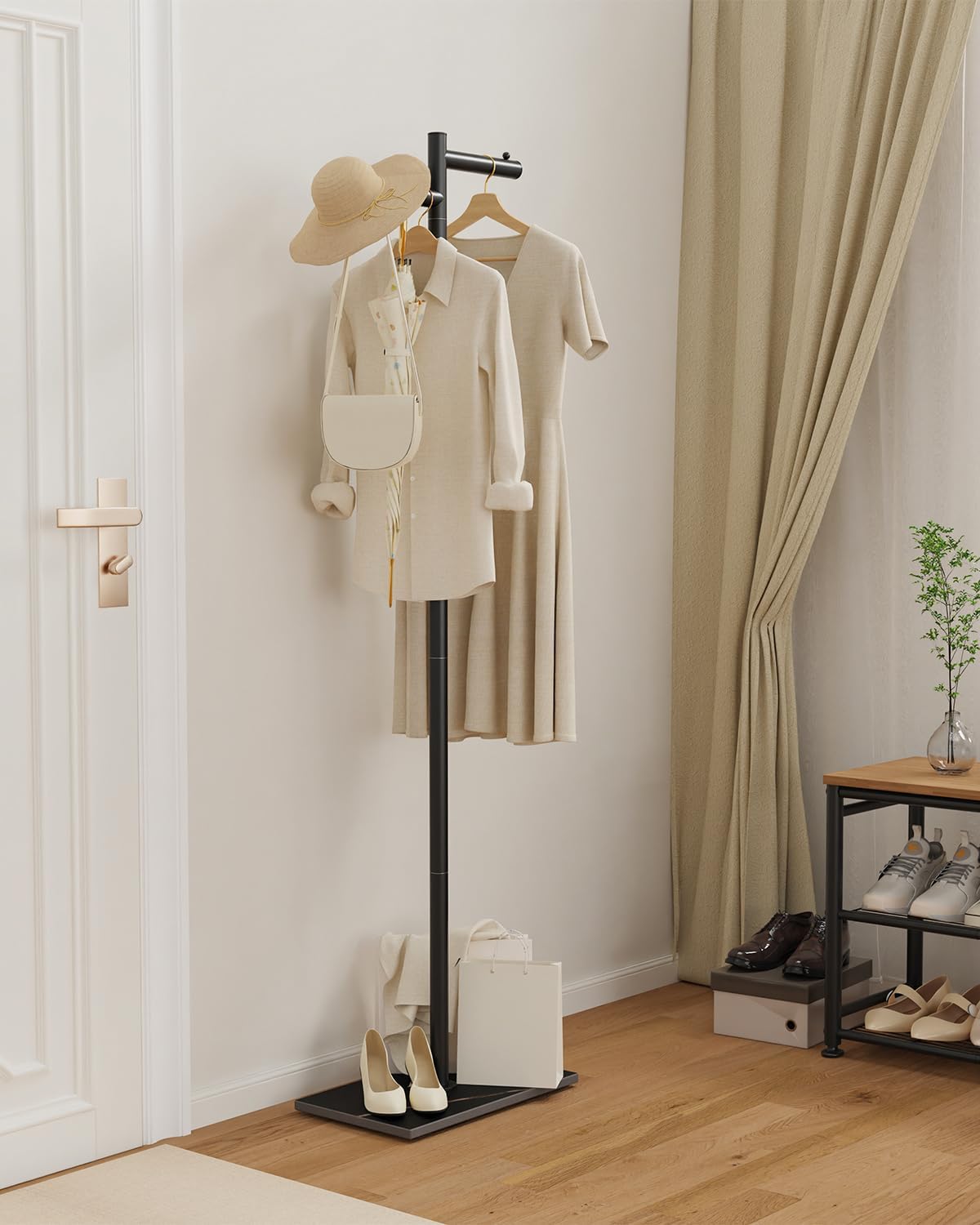 Garment Rack Freestanding Metal Coat Tree, Z-Shaped Stand with Natural Rock Base, 175cm, for Bedroom Hallway Entryway Living Room Office, Black