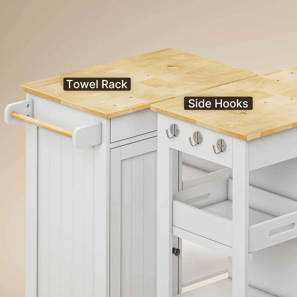 Gizoon Kitchen Island Cart with Storage Cabinet & Removable Tray | 27.6''W Mobile Kitchen Cart with Drawer, Towel Rack, 3 Hooks, 3 Open Shelves, Utility Trolley Cart for Dining Room, White