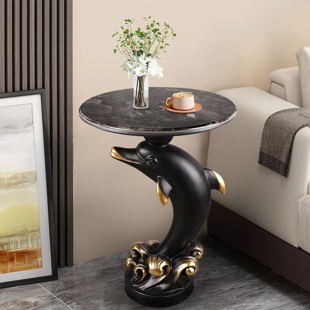 Dolphin Statue Side Table, Resin Pedestal End Table for Living Room, Ocean Coastal End Tables with Artificial Stone Tabletop, Blue Room Decor(Blue)