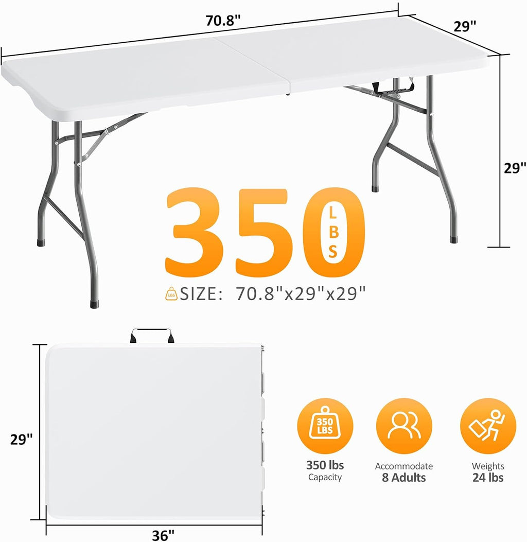 Fenbeli Upgraded 18% Thickened Folding Table 6ft Made of HDPE Plastic, Heavy Duty (25lb), Stable Thicker Legs, Dining Indoor Outdoor for Camping, Picnic and Party (Pearl White, 6FT)