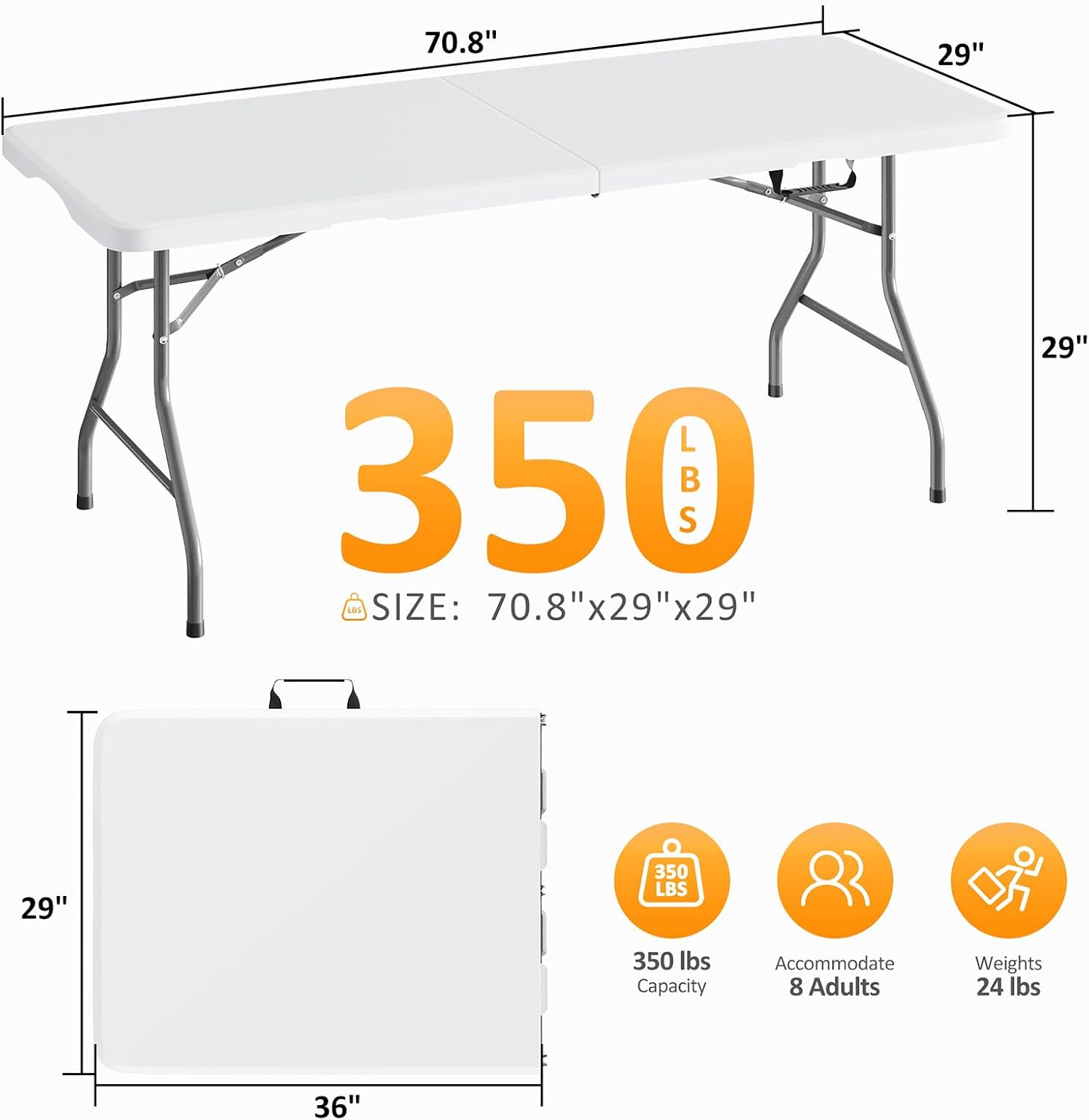 Fenbeli Upgraded 18% Thickened Folding Table 6ft Made of HDPE Plastic, Heavy Duty (25lb), Stable Thicker Legs, Dining Indoor Outdoor for Camping, Picnic and Party (Pearl White, 6FT)