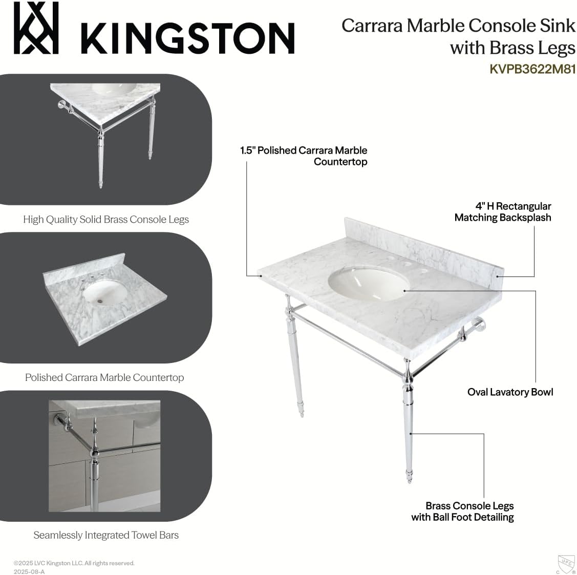 Kingston Brass KVPB3622M86 Edwardian 36" Console Sink with Brass Legs (8-Inch, 3 Hole), Marble White/Polished Nickel