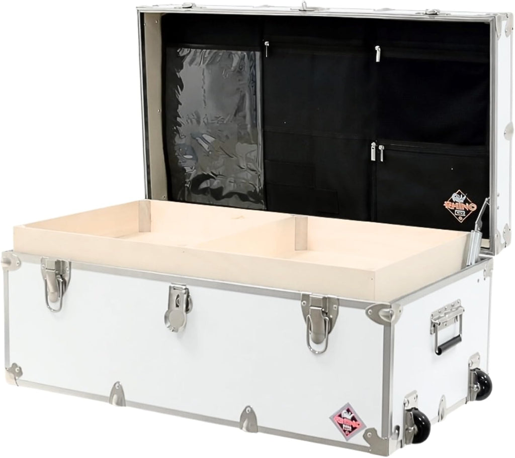 Rhino Trunk & Case Small Essential Trunk With Wheels, Tray, & Lid Organizer - 30"x17"x13", 1000+ lbs Capacity. Strong, USA Made Summer Camp Footlocker, and Secure College Dorm Storage Chest