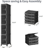 4 Tier Slim Bathroom Storage Cabinet, Foldable and Movable, Black | Tools Free, ABS and PET, Magnetic Clear Door, Adjustable Shelves, Lockable Wheels, Water Resistant, For Narrow Space