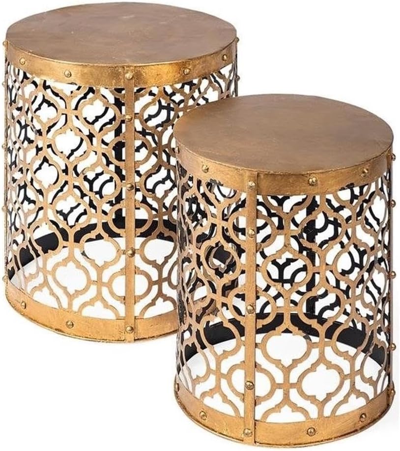 Pemberly Row Gold Cylindrical Metal Accent Tables, Set of 2, 16x15 in, Antique Finish, Moroccan-Inspired Lattice Design, Nesting Versatile Living Room or Home Décor Tables