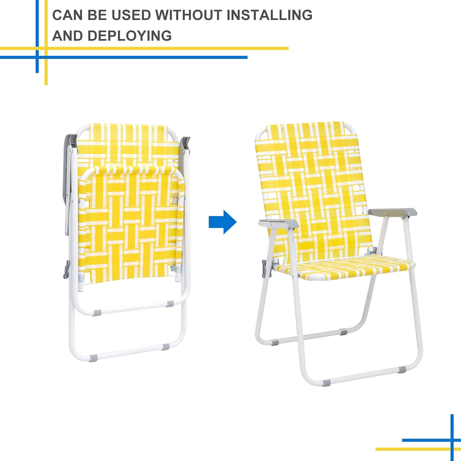 Vasitelan Patio Lawn Chairs Folding Chairs Set of 2, Webbed Folding Chair Outdoor Beach Chair Portable Camping Chair for Yard, Garden (Yellow & White)