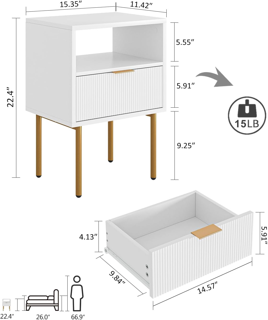 Masupu Nightstand,Mid-Century Modern Bedside Table with Storage Drawer and Open Wood Shelf,Small Gold Frame Side Table for Bedroom,Living Room,White