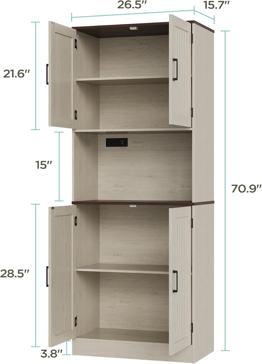 MHOM 71" Tall Pantry Cabinet with Charging Station, Farmhouse Kitchen Hutch with Adjustable Shelves, Modern Kitchen Pantry Storage Cabinet for Dinning Room & Living Room, Antique Oak
