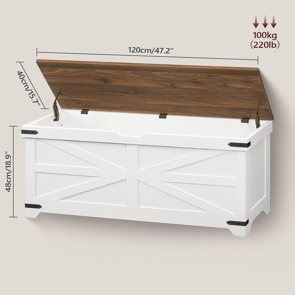 MAHANCRIS Large Toy Chest, 47.2" Wooden Toy Box with 2 Safety Hinges, Farmhouse Style Storage Bench, Blanket Storage Chest for Living Room, Entryway, Bedroom, White+Walnut SCBZ18601