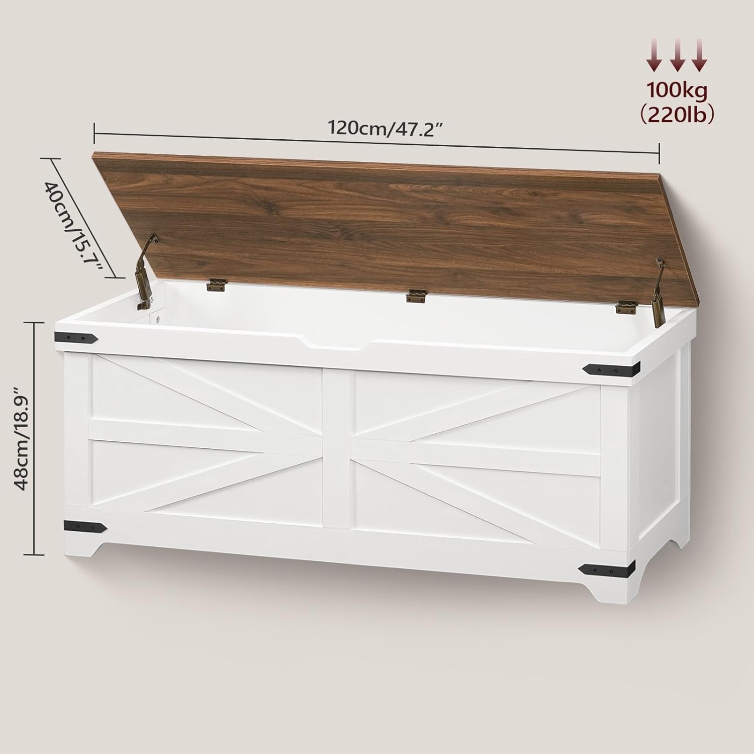 MAHANCRIS Large Toy Chest, 47.2" Wooden Toy Box with 2 Safety Hinges, Farmhouse Style Storage Bench, Blanket Storage Chest for Living Room, Entryway, Bedroom, White+Walnut SCBZ18601