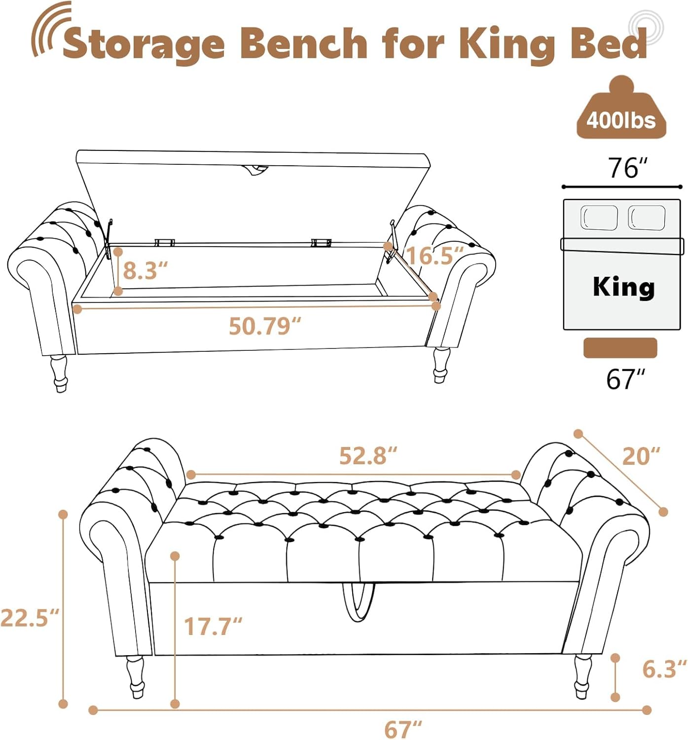 67'' End of Bed Bench King Size, Storage Bench for Bedroom End of Bed, Upholstered Tufted Storage Ottoman Benches with Arms for Living Room, Entryway, Windows, Brown