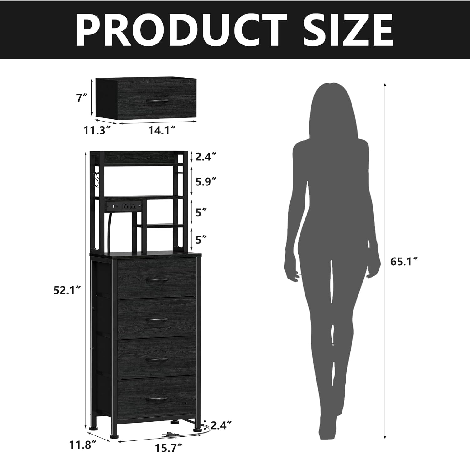 Furnulem Tall Nightstand, LED Night Stand with Charging Station | USB Ports, 4 Fabric Drawers and 4 Tier Storage Shelf, Nightstands Bedside Tables for Bedroom, Dorm, Office (Black Oak)