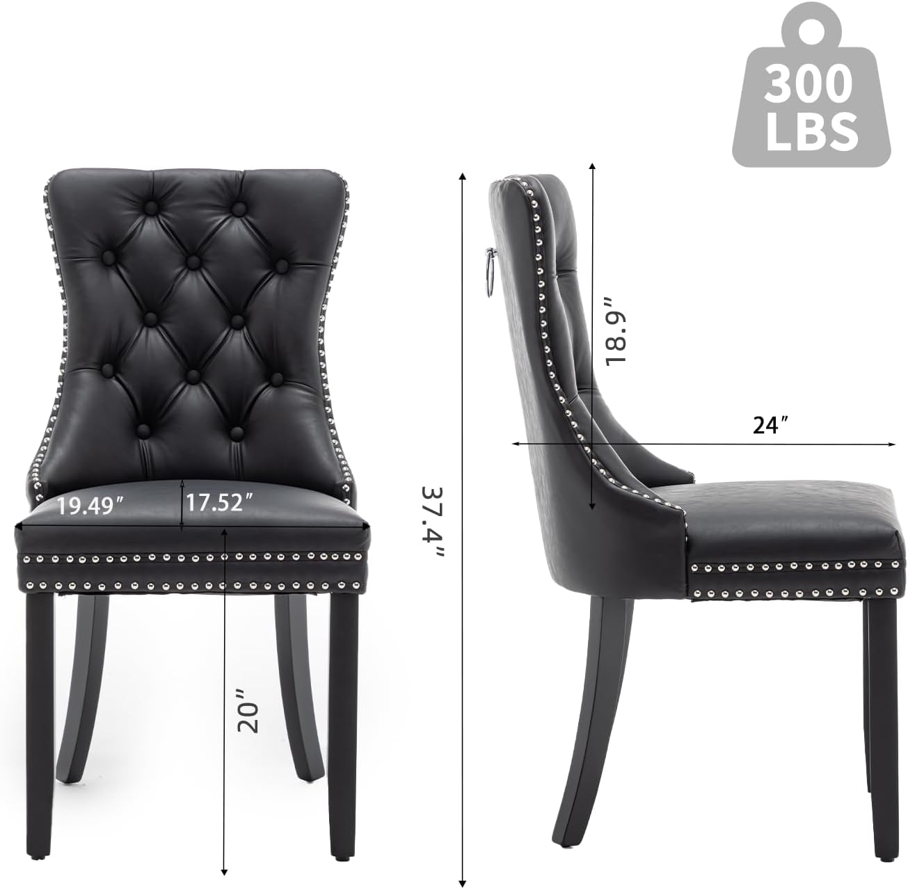 Leather Dining Chairs Set of 4, Upholstered Dining Room Chairs with Nailhead Trim, Sillas de Comedor Modernas 4, Wooden Kitchen Chairs for Dining Room, Living Room, Kitchen, Bedroom, Black