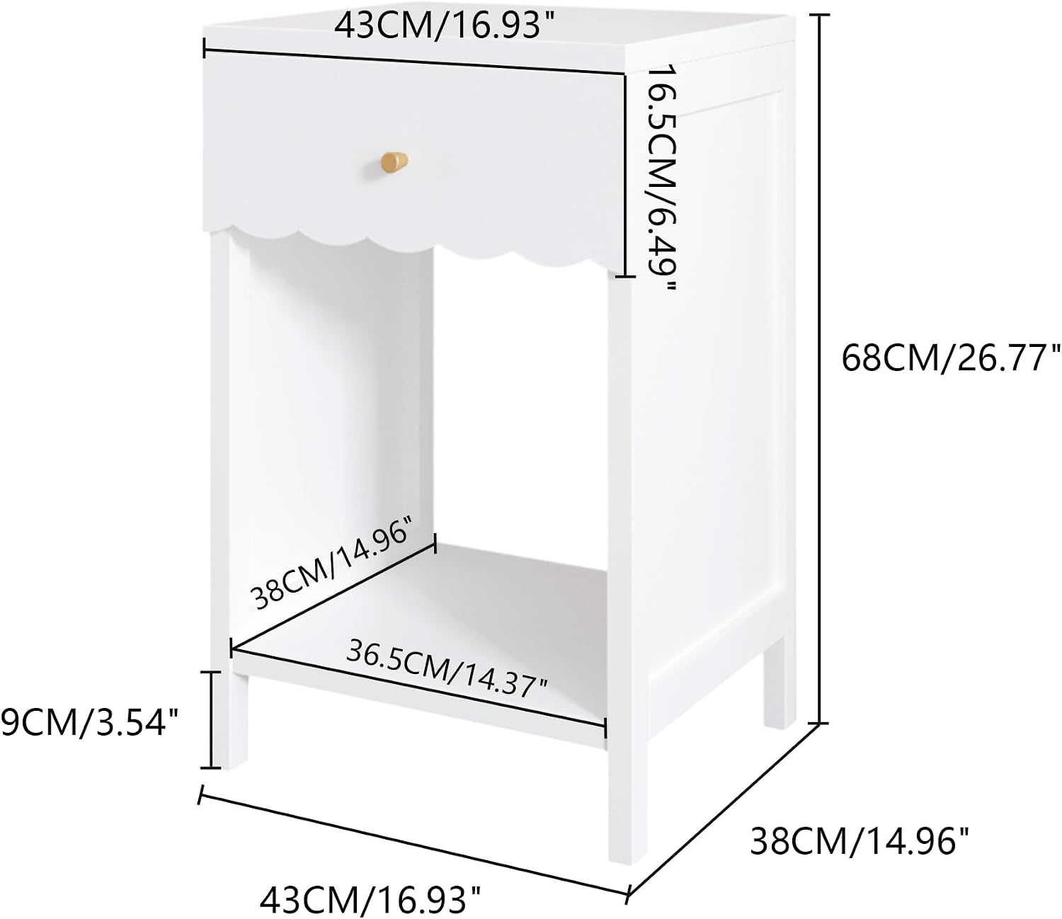 Kids Night Stand, Modern Nightstand with Drawer and Open Shelf, Scalloped Edge Small End Side Table for Living Room, Cute Minimalist Bedside Table for Kids Room or Girls' Room, White