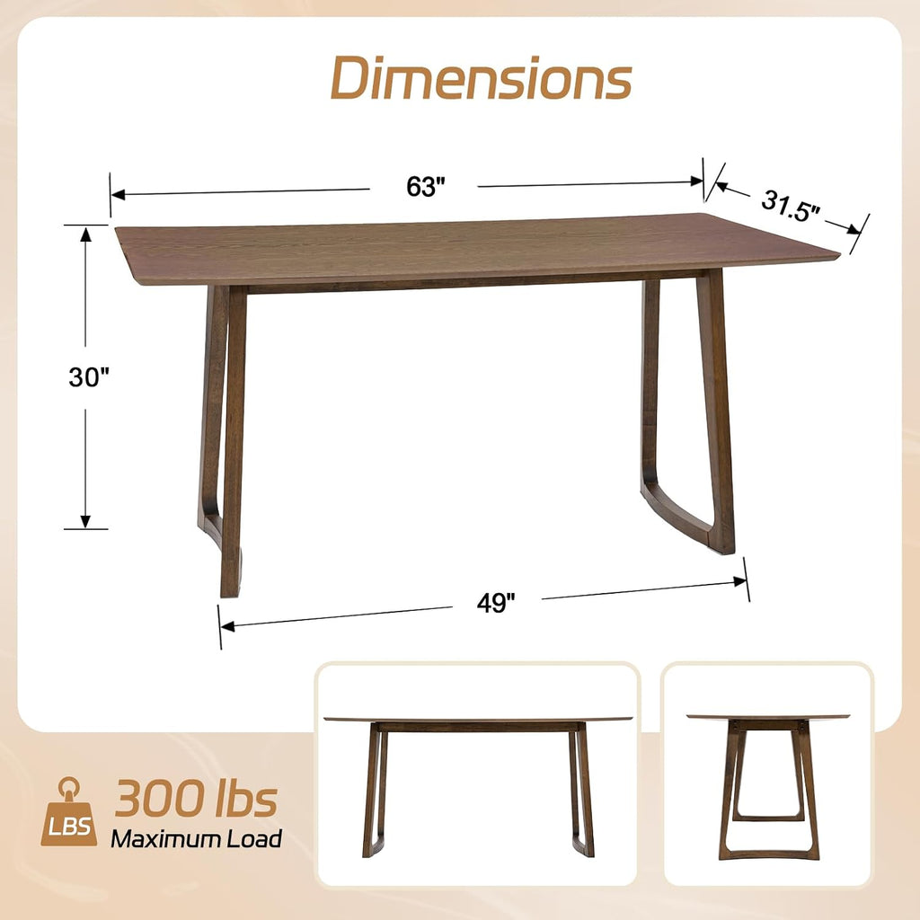 HNY 63'' Rectangular Wooden Dining Table, Farmhouse Kitchen Table for 4 to 6, Mid Century Modern Dinner Table for Breakfast/Dining Room/Restaurant/Living Room, Walnut