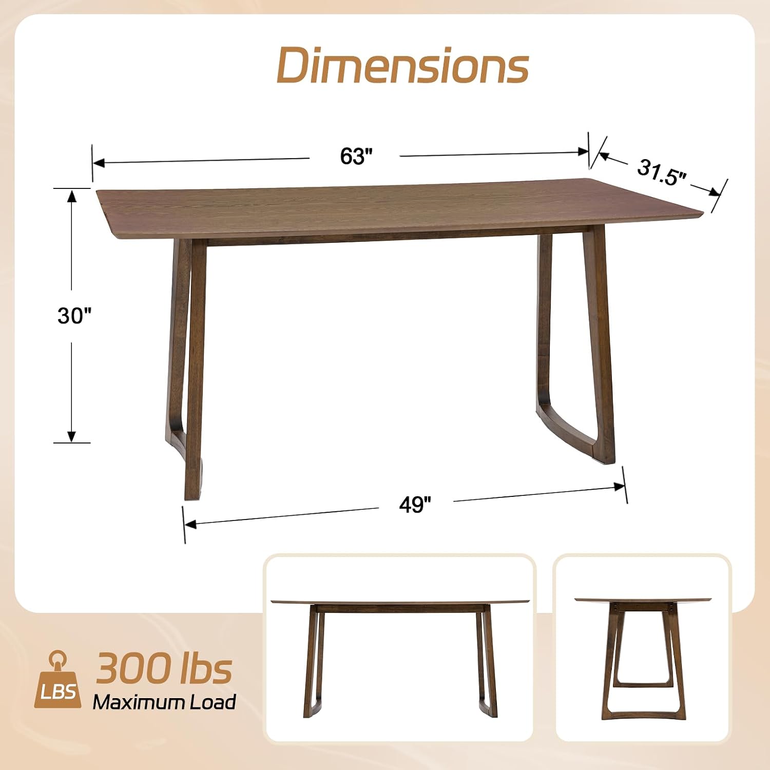 HNY 63'' Rectangular Wooden Dining Table, Farmhouse Kitchen Table for 4 to 6, Mid Century Modern Dinner Table for Breakfast/Dining Room/Restaurant/Living Room, Walnut