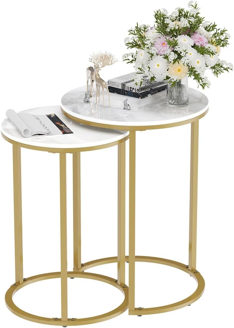 Set of 2 Modern Round Marble Metal Base Nesting Set Side Accent Table Living Room Storage Small End Table Coffee Table, Marble and Gold