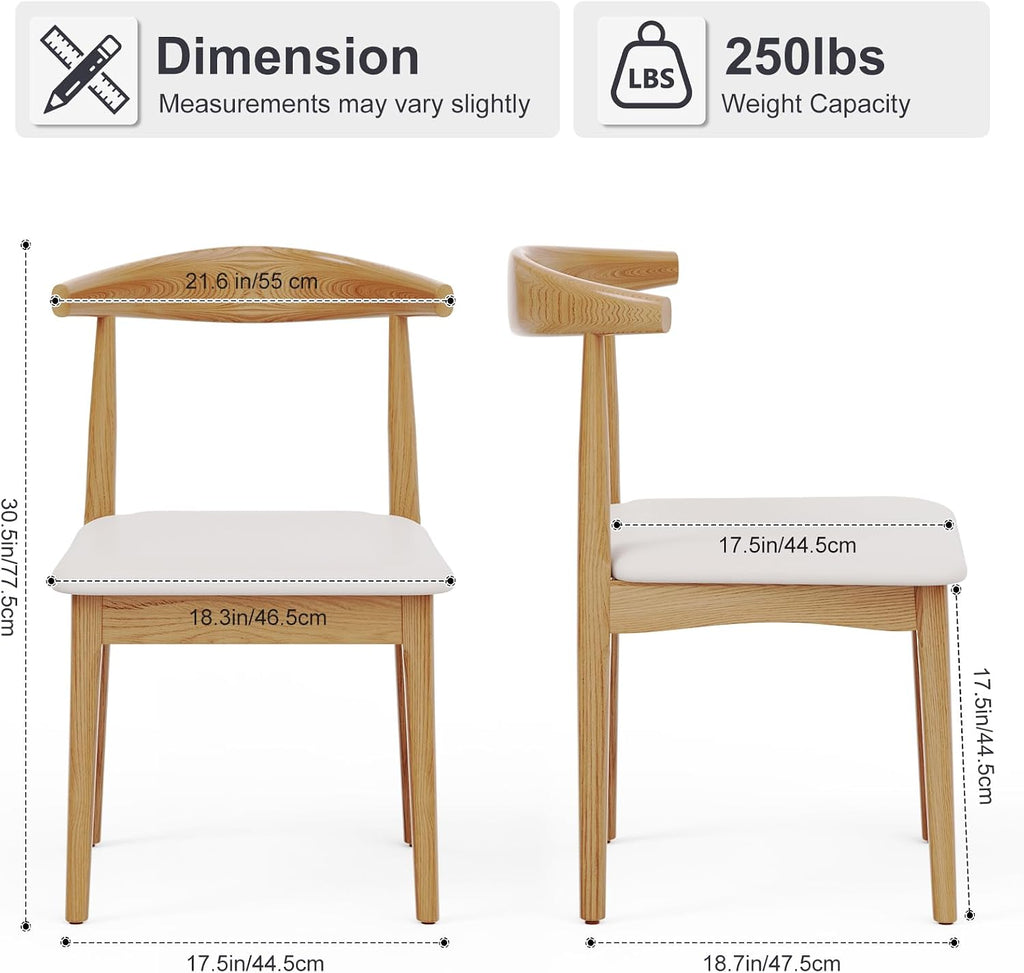 Solid Wood Dining Chairs Set of 2, Mid Century Modern Kitchen Chairs with Leather Upholstered Seat, Elegant Natural Wood Side Chairs for Dining Room, Kitchens,Restaurants, Cafes