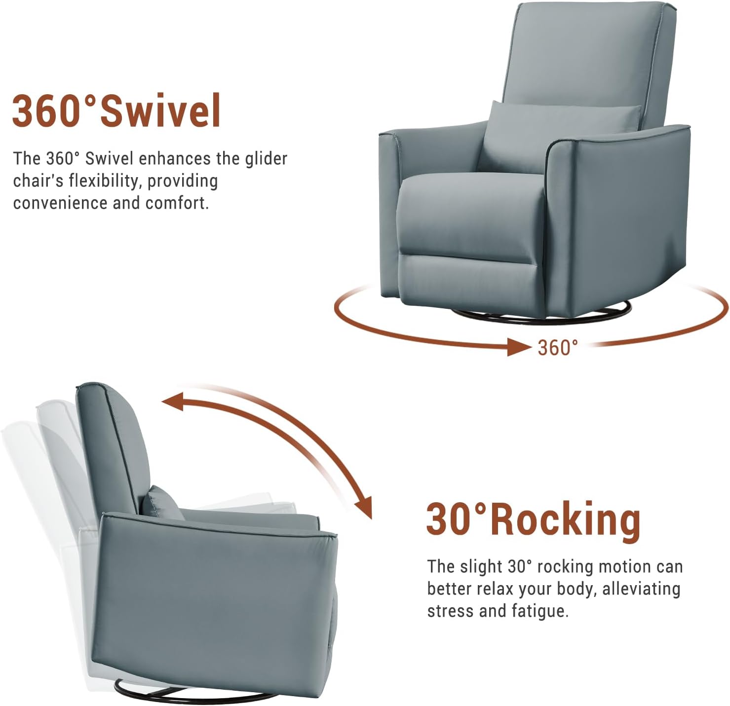 Swivel Rocking Recliner Chair, Upholstered Faux Leather Glider Recliner with Lumbar Support, High Backrest & Padded Armest, Manual Nursery Recliner for Living Room (Manual, Gray)