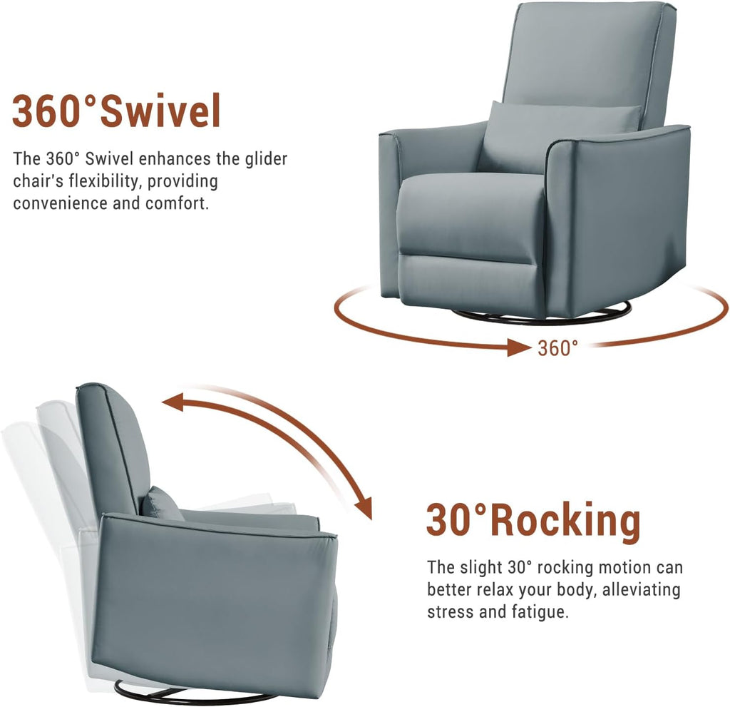 GarveeHome Swivel Rocking Recliner Chair, Upholstered Faux Leather Glider Recliner with Lumbar Support, high backrest & Padded armest, Manual Nursery Recliner for Living Room (Grey)