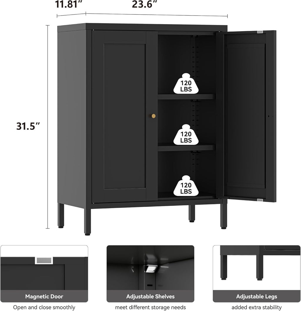 YAUWOH Small Metal Cabinet,Bathroom Storage Cabinet with 2 Adjustable Shelves and 2 Doors,Freestanding Sideboard for Small Spaces, Living Room, Home Office, Dining Room(1PC,Black)