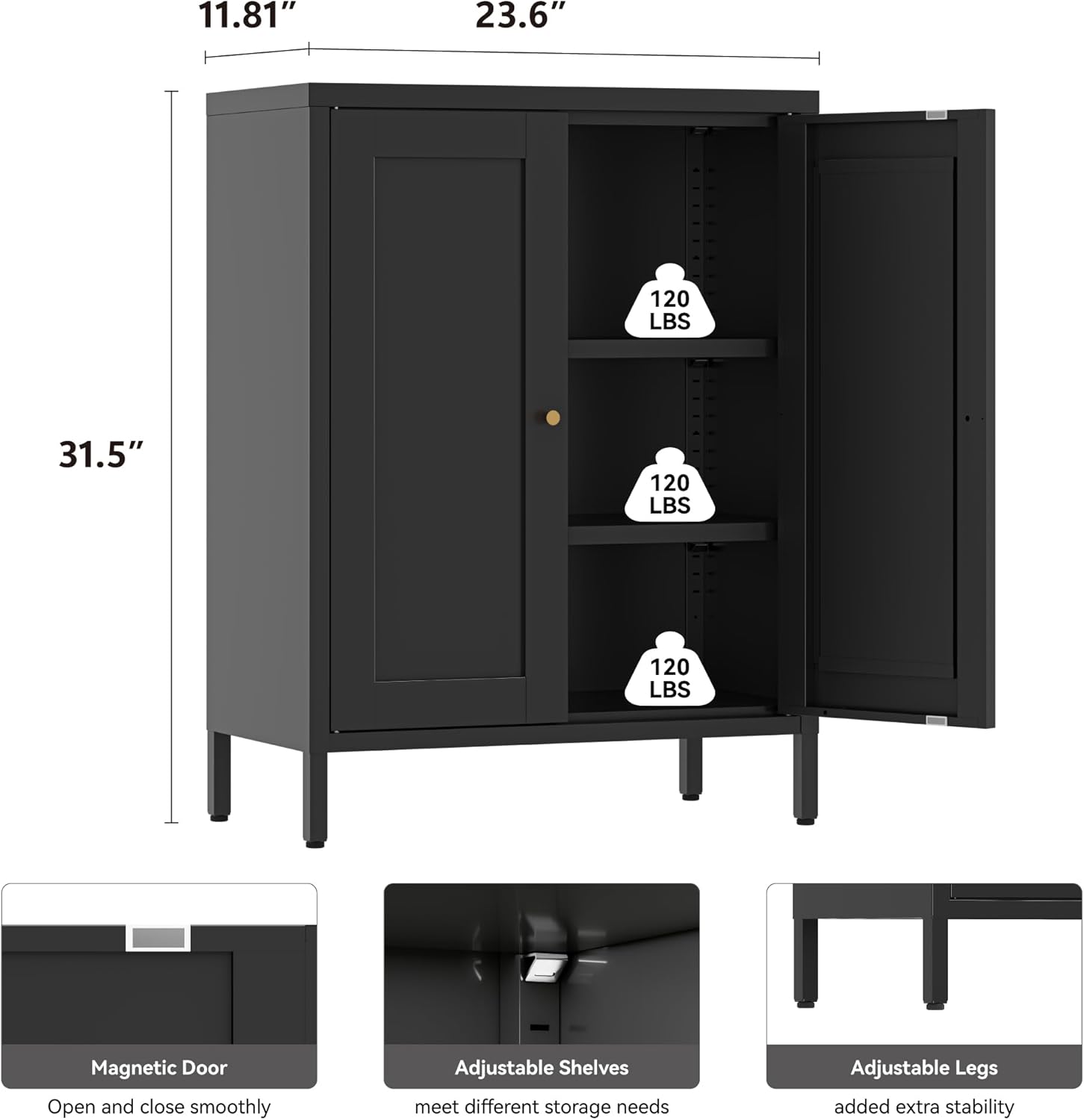 YAUWOH Small Metal Cabinet,Bathroom Storage Cabinet with 2 Adjustable Shelves and 2 Doors,Freestanding Sideboard for Small Spaces, Living Room, Home Office, Dining Room(1PC,Black)