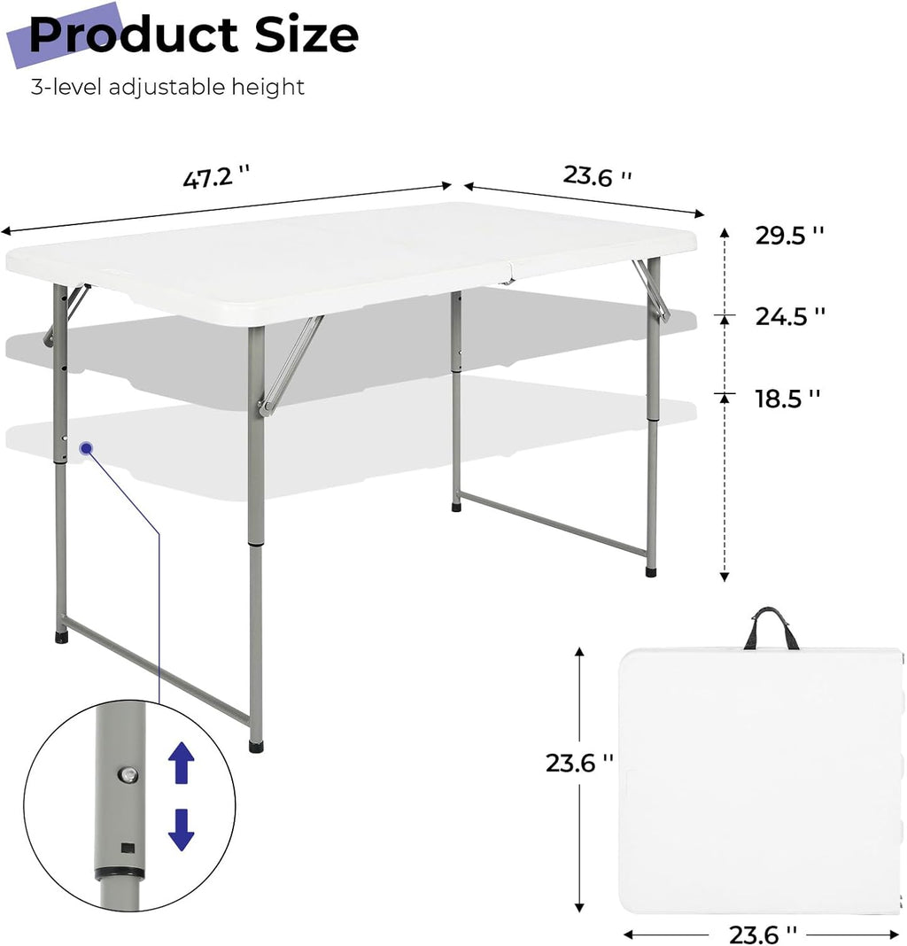 Byliable Folding Table 4 Foot Portable Heavy Duty Plastic Fold-in-Half Utility Table Small Indoor Outdoor Adjustable Height Folding with Carrying Handle, Camping and Party,White