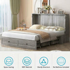 Mjkone Murphy Bed Cabinet Queen with Tri-fold Mattress, Murphy Chest Bed with Built-in Charging Station & 2 Storage Drawers, Guest Cabinet Beds Cube Chest Beds for Bedroom, Grey