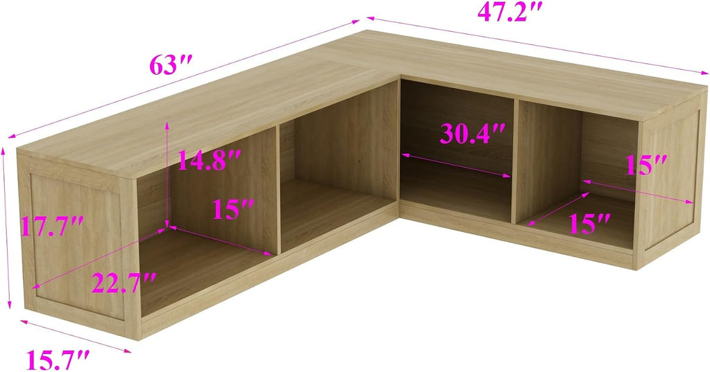 L-Shaped Corner Banquette Storage Bench, Entryway Bench with Open Shoe Storage Shelves for Bedroom, Kitchen Breakfast Nook Corner Benches for Dining Room, Living Room,Oak Color (No Cushion)