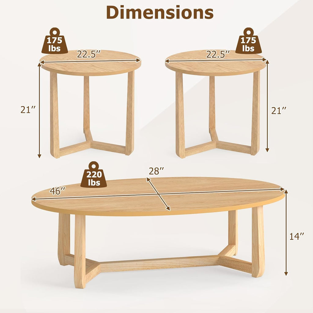 Giantex Oval Coffee Table and End Tables Set of 3, Mid Century Modern Coffee Table and 2 Round Side Tables w/Wood Veneered Top & Solid Rubber Wood Leg, Living Room Table Set for Small Space