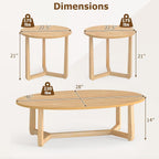 Giantex Oval Coffee Table and End Tables Set of 3, Mid Century Modern Coffee Table and 2 Round Side Tables w/Wood Veneered Top & Solid Rubber Wood Leg, Living Room Table Set for Small Space