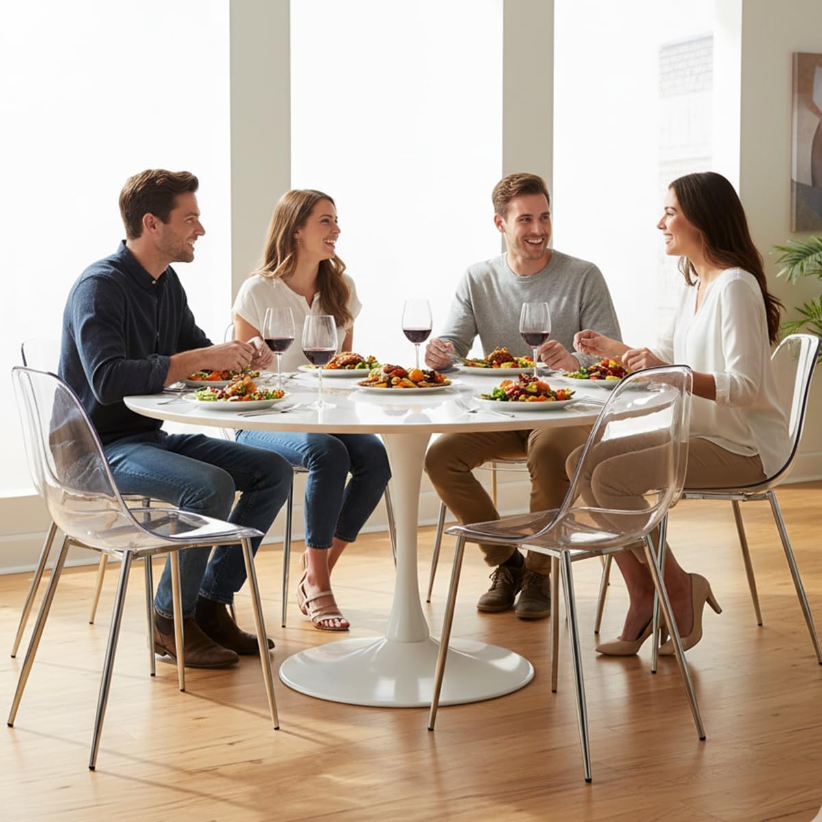 Clear Acrylic Dining Chairs Set of 6, Armless Modern Side Chairs with Transparent Seat, Ergonomic Backrest and Chrome Metal Legs, Kitchen Chairs for Dining Room, Living Room