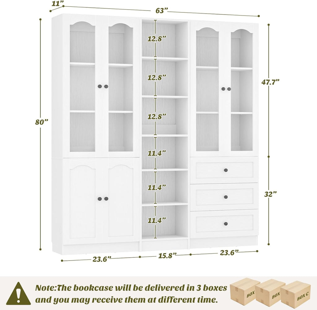 Cyclysio 80" Tall 3-Piece Pantry Cabinet Set, Large Kitchen Storage Cabinet with Arched Glass Doors, 3 Drawers & Open Shelving, Flush-to-Wall Bookshelf with Baseboard Cutout for Living Room, White