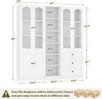 Cyclysio 80" Tall 3-Piece Pantry Cabinet Set, Large Kitchen Storage Cabinet with Arched Glass Doors, 3 Drawers & Open Shelving, Flush-to-Wall Bookshelf with Baseboard Cutout for Living Room, White