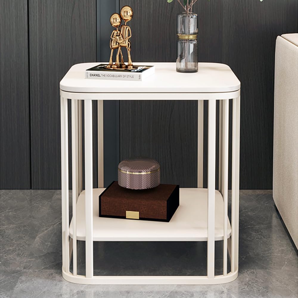 Modern Side Table 2-Tier Coffee end Tables for Living Room, Indoor & Outdoor Accent Tables with Marble Desktop & Metal Bracket, Multifunctional Bedside nightstand for Bedroom Sofa Balcony Patio