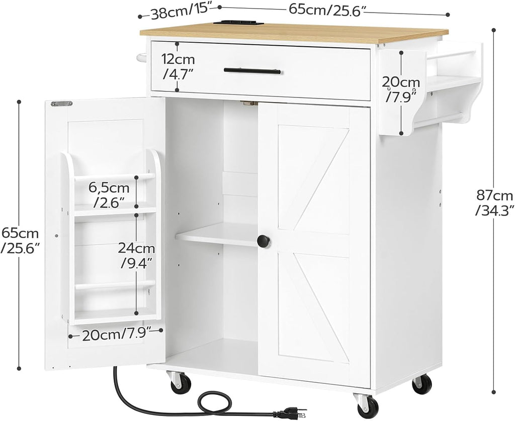 HOOBRO Kitchen Island with Power Outlet, Rolling Kitchen Island with Large Worktop, Kitchen Island Cart with Spice Rack and Drawer, Island Table for Dining Room, White and Natural WN88UZD01