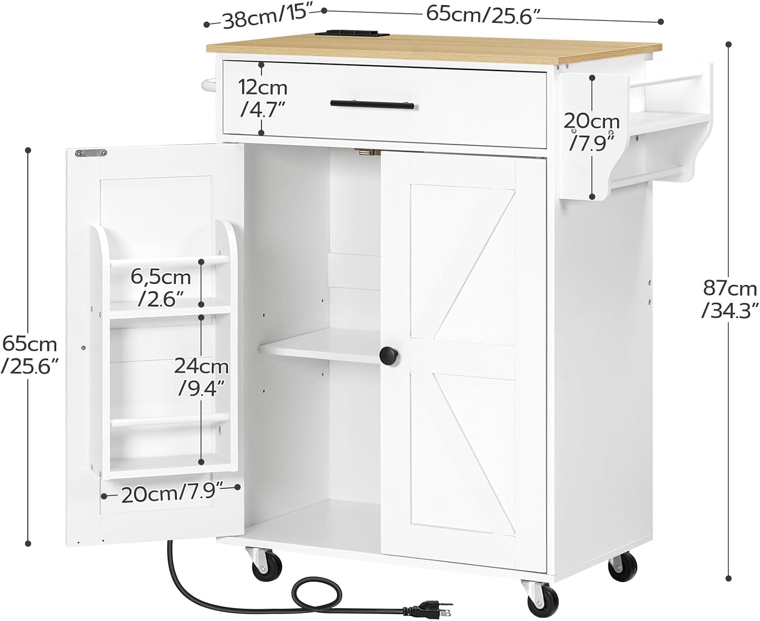 HOOBRO Kitchen Island with Power Outlet, Rolling Kitchen Island with Large Worktop, Kitchen Island Cart with Spice Rack and Drawer, Island Table for Dining Room, White and Natural WN88UZD01