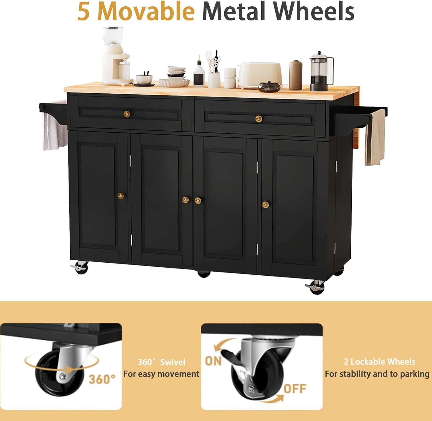 JassmiPkwy 59’’ Rolling Kitchen Island Cart with Drop Leaf and Power Outlet, Movable Kitchen Islands with 3-Tier Door Storage Shelf, Island Table on Wheels, 2 Large Drawers, Towel Racks, Black