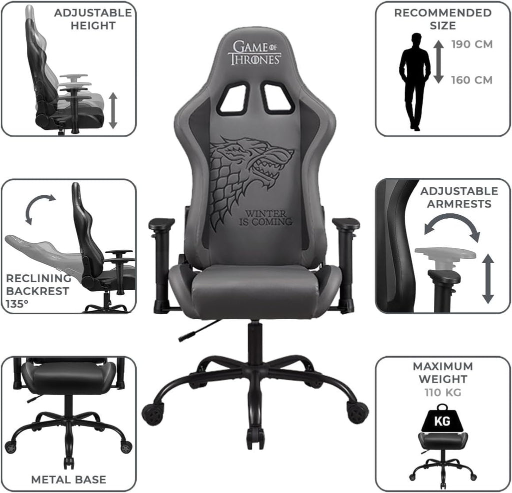 Game of Thrones - Gaming Chair or Office Chair, Adult Gamer Chair, Comfortable seat, Integrated headrest, Adjustable armrests and Height, Ergonomic backrest - Black