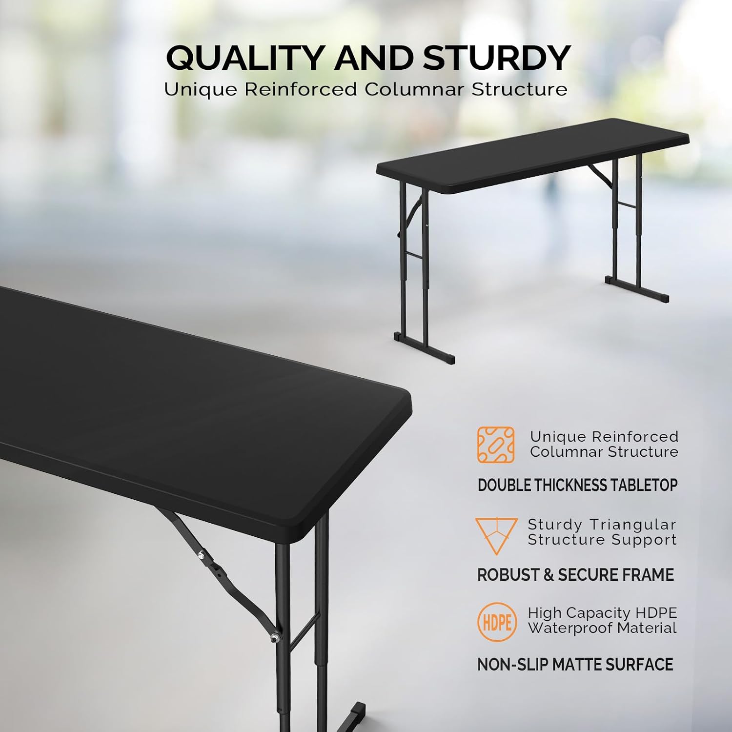 VINGLI 4 FT Narrow Folding Table,Premium Quality HDPE Material and Sturdy Metal Frame, Perfect for Buffet, Seminar, Party, Training, Home Work, Black