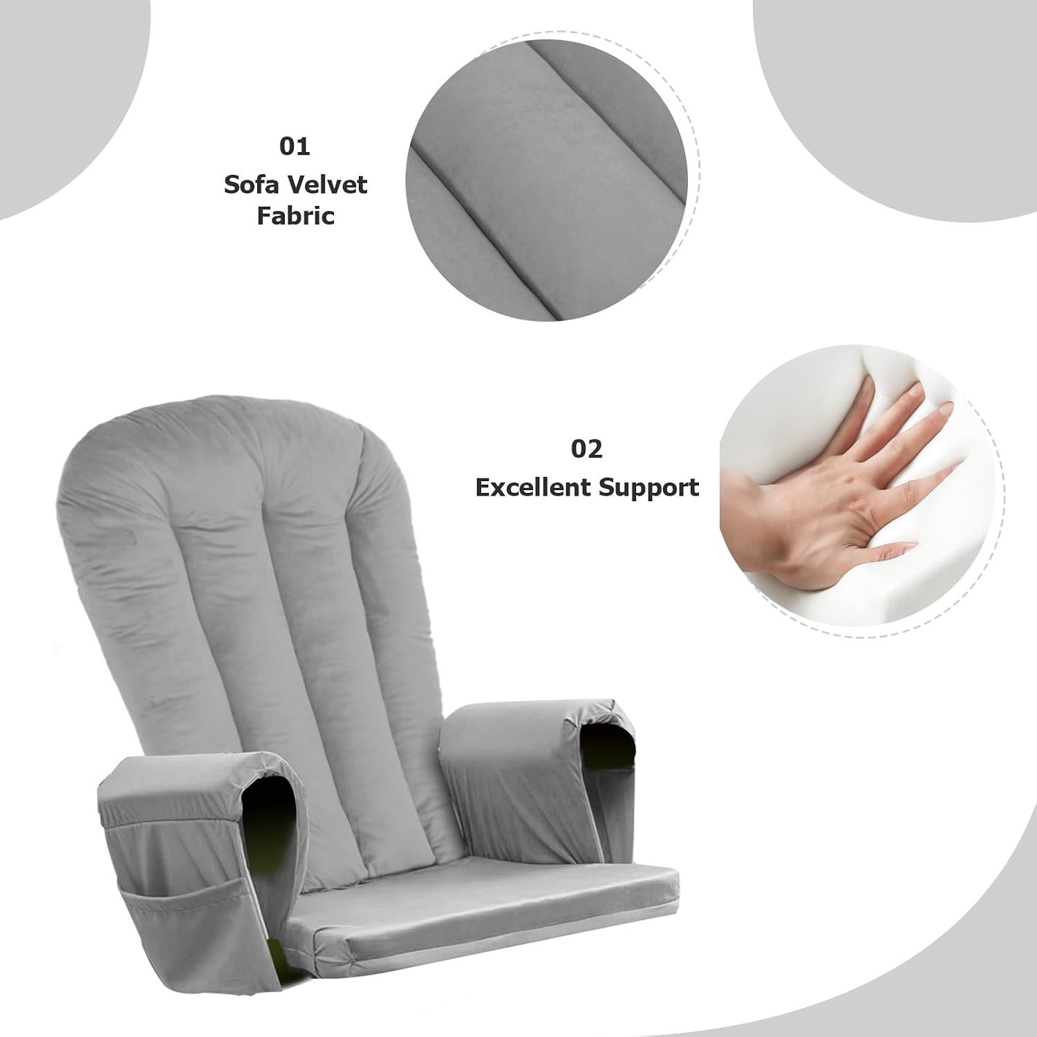 Lucky Monet 5PCS Velvet Glider Rocker Replacement Cushions, Thickened & Supportive Rocking Chair Cushion Set with 29.5 Inch High Backrest & Storage Pockets, for Indoor Nursery Glider, Grey