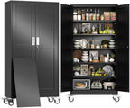 75" H Metal Pantry Storage Cabinet with Wheels,Rolling Kitchen Pantry Cabinet with 2 Doors and 5 Adjustable Shelves, Locker Steel Cabinet,Organization Cabinet for Garage,Home,Gym,School,Black