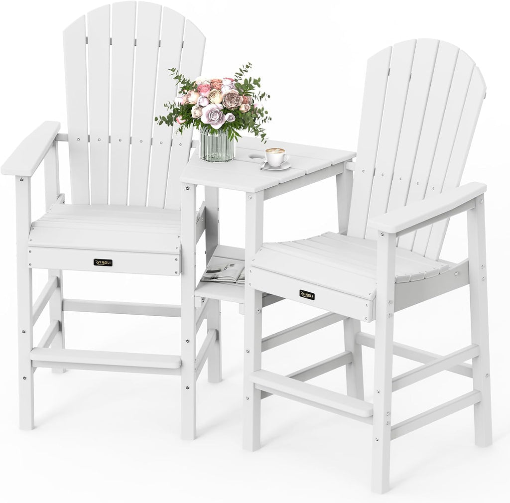VINGLI Tall Adirondack Chairs Set of 2, All Weather HDPE Bar Height Adirondack Chair with Double Trays, Adirondack Barstools for Balcony, Poolside, Backyard and Patio (White)
