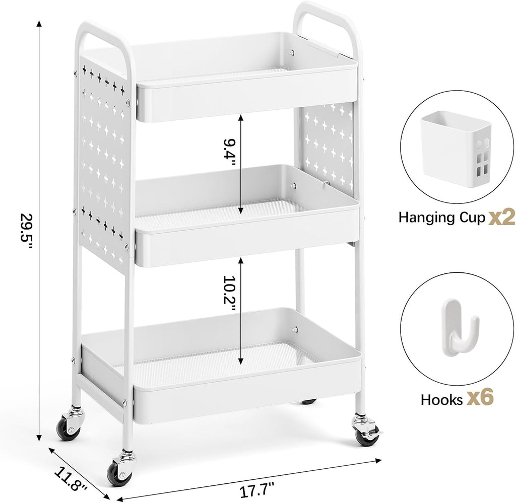 KINGRACK 3 Tier Rolling Cart with DIY Pegboard, Metal Utility Cart with Wheels, Hooks & Baskets, Sturdy Storage Organizer for Craft, Bathroom, Kitchen, Office, Nursery, Classroom (White)